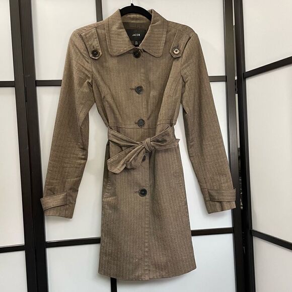 [3/4] Jacob Brown & Tan Fall Long Sleeve Belted Trench Coat Rain Jacket Women’s - Picture 1 of 12